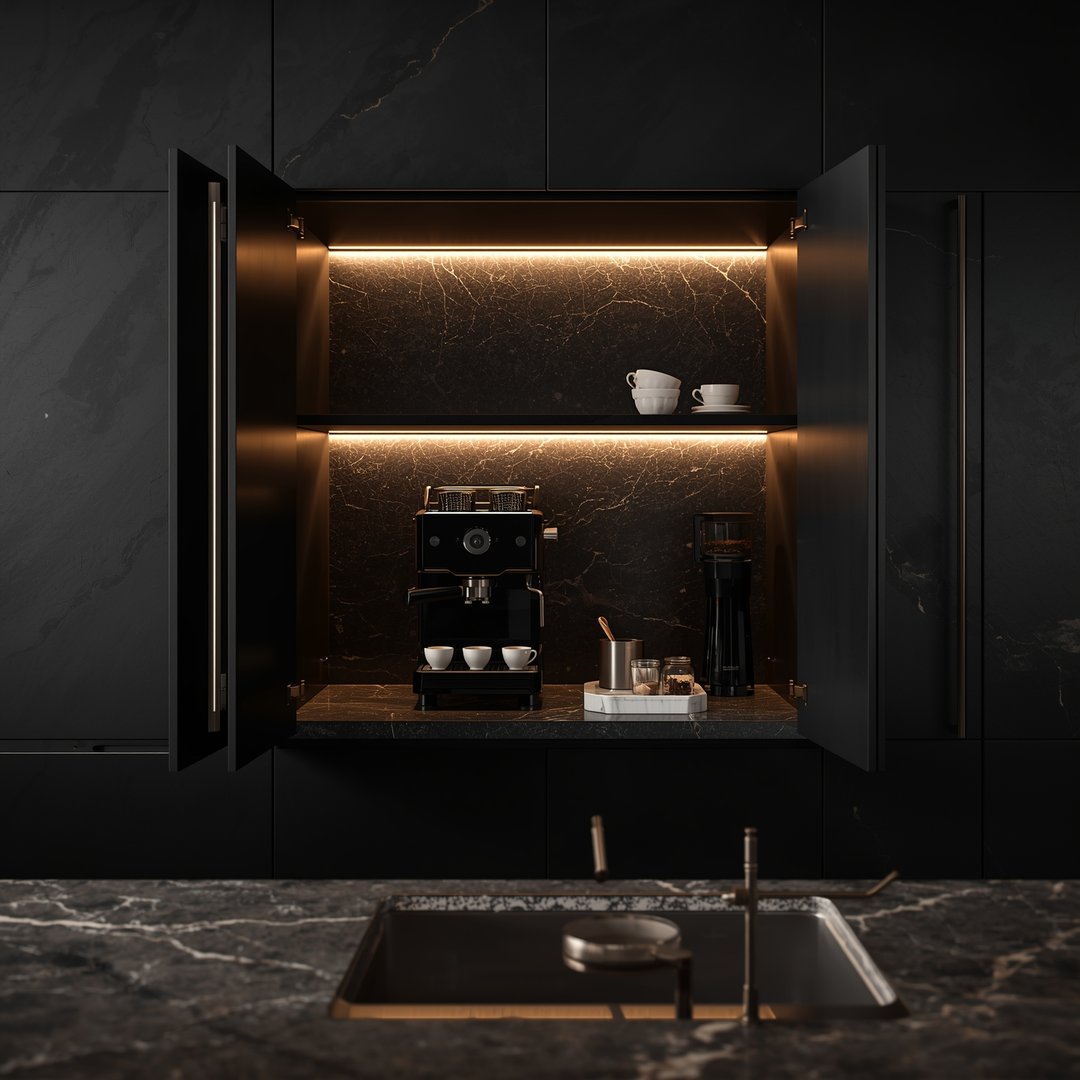 Kaffestasjon design i mørkt kjøkken med espresso