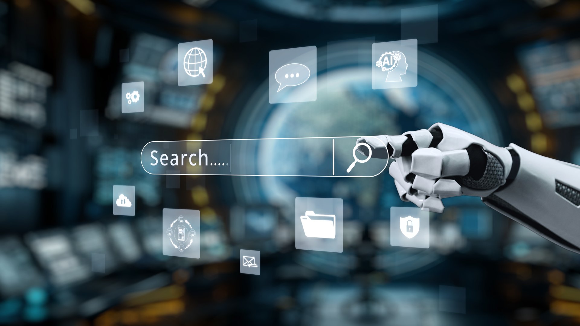 A robotic hand interacts with a digital search bar
