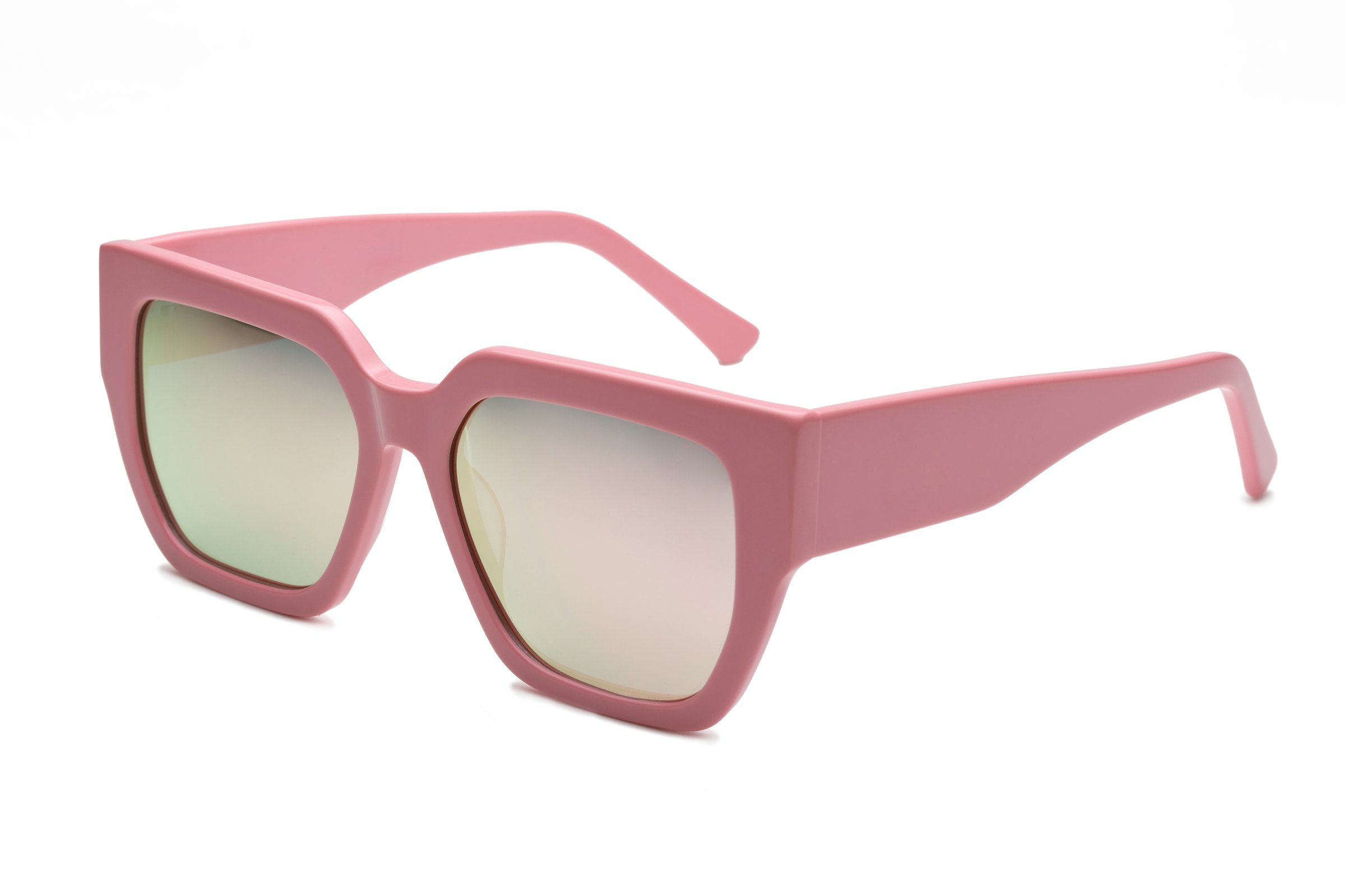 Pink fashion sunglasses with a thick frame reflecting light while laying on a white background