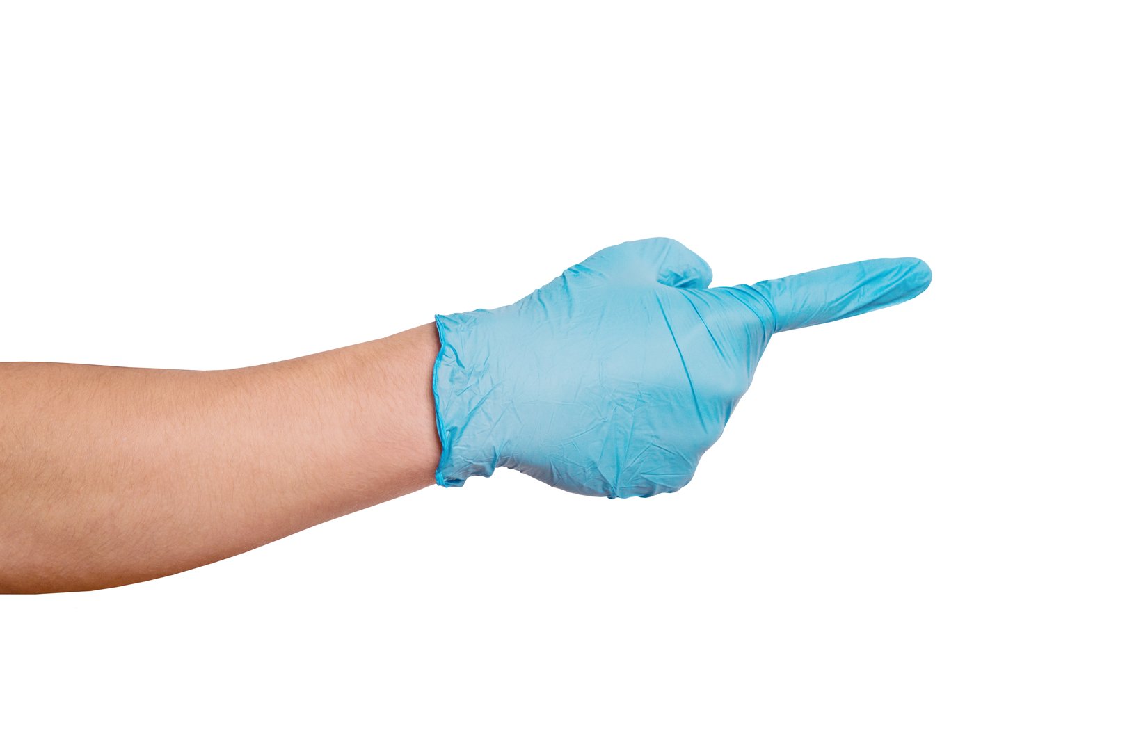 Men's hand wearing protective gloves with index finger pointing to something. isolated on white background. Medicine or cleaning
