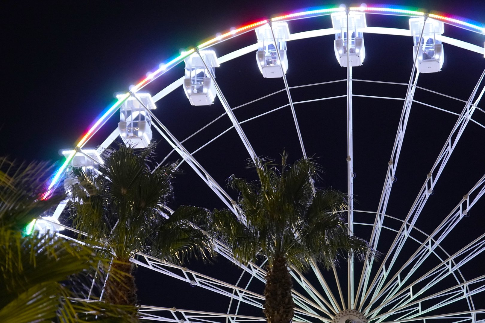 Ferris wheel against the night sky. The large, detailed Ferris wheel symbolizes fun, relaxation, and an amusement park atmosphere.