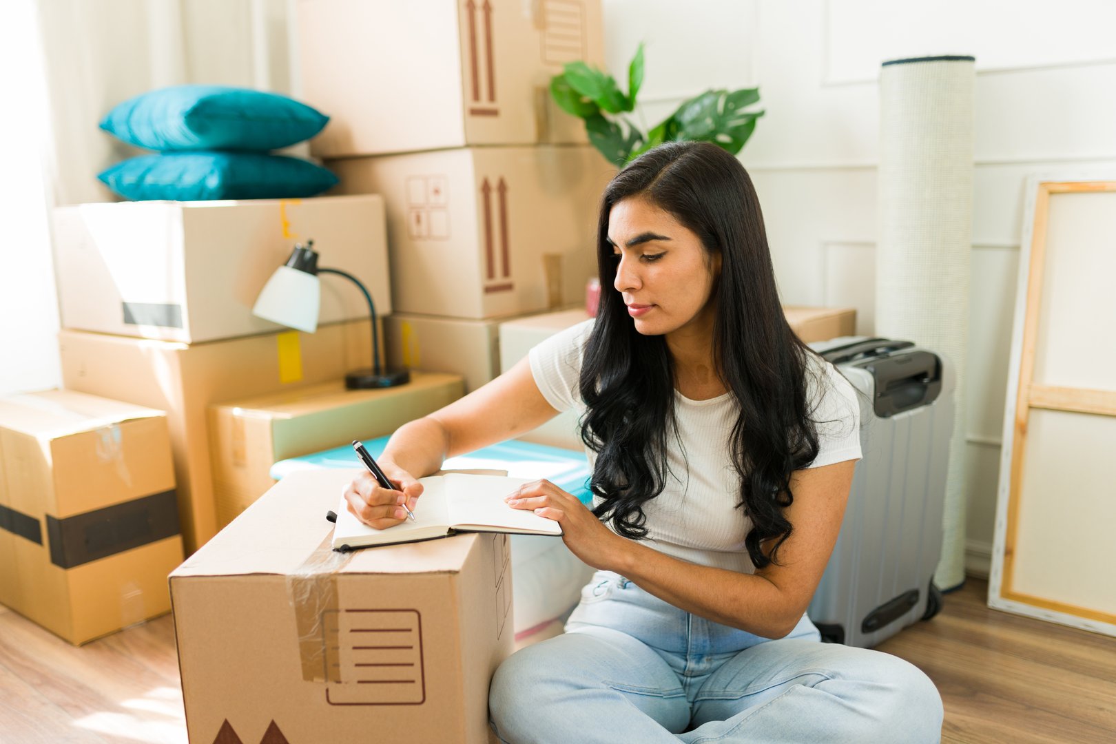 Young woman is making a list of things to do while sitting on the floor surrounded by moving boxes