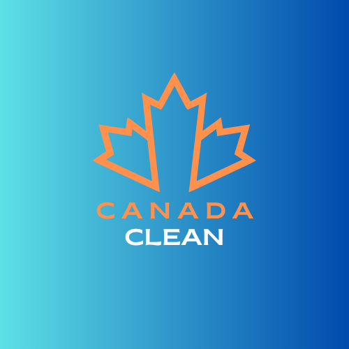 Logo with an orange outline of a maple leaf, text reads Canada Clean in orange and blue on a black background.
