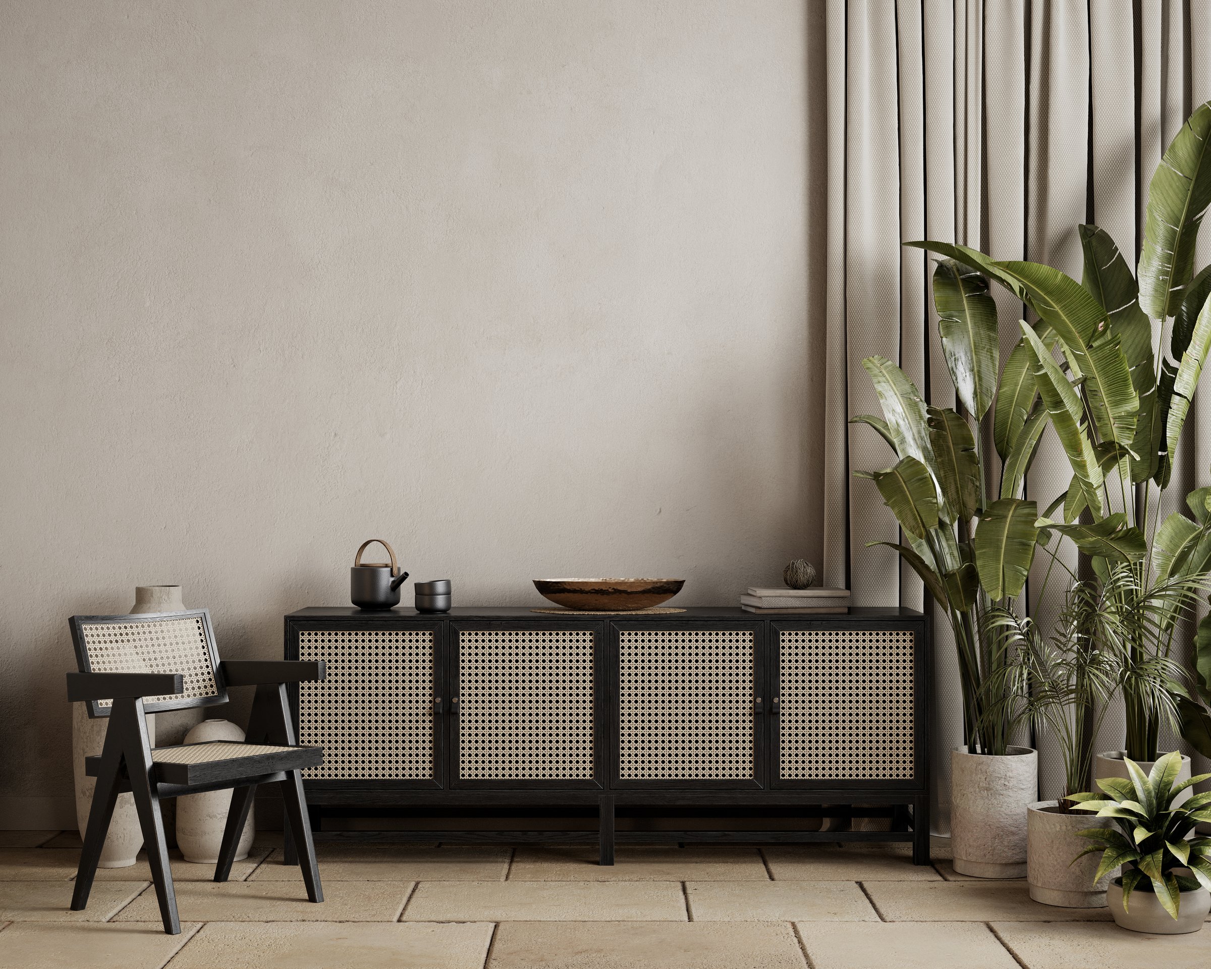 Beige gray interior with dresser, armchair, plants, tile floor and decor. 3d render illustration mockup.