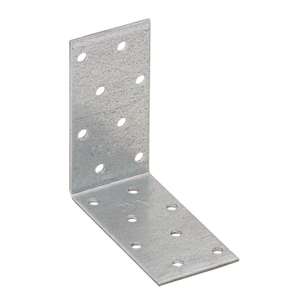 A metal L-shaped bracket with multiple holes for mounting, used in construction or furniture assembly.
