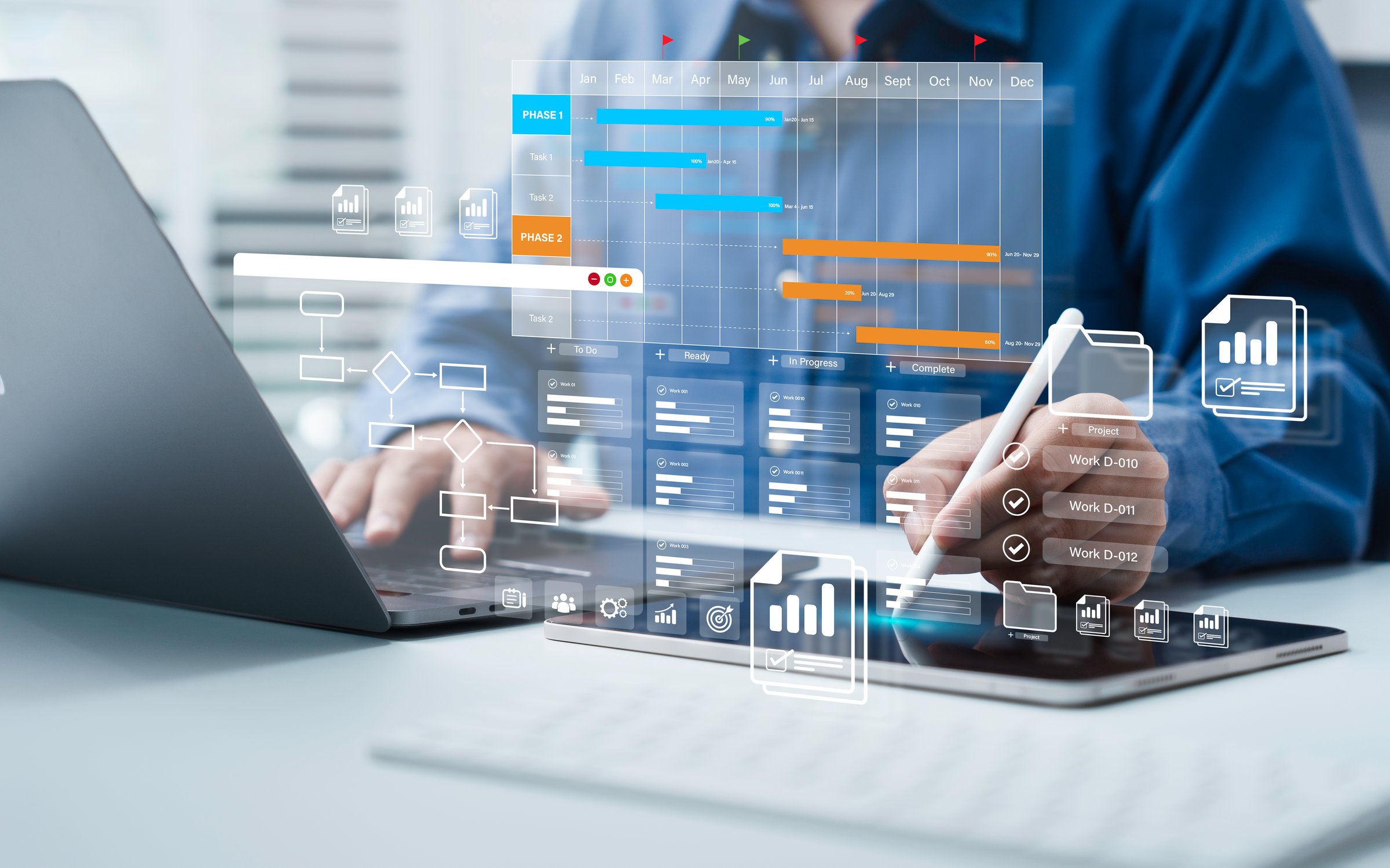 Project management tool concept. Business people use laptop to manager working projects and update task with Gantt chart schedule to Business plan and progress. Planning software.
