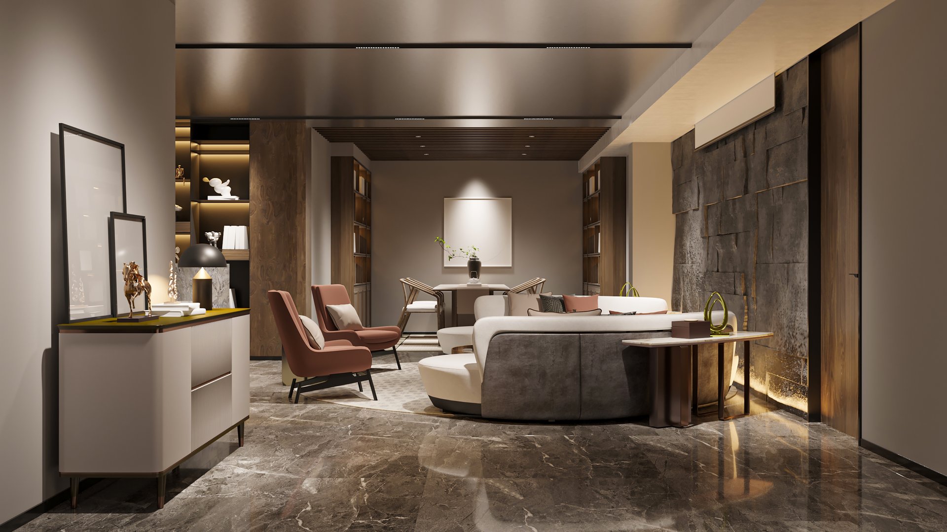 Modern Open Plan Living and Dining Area with Marble Floors