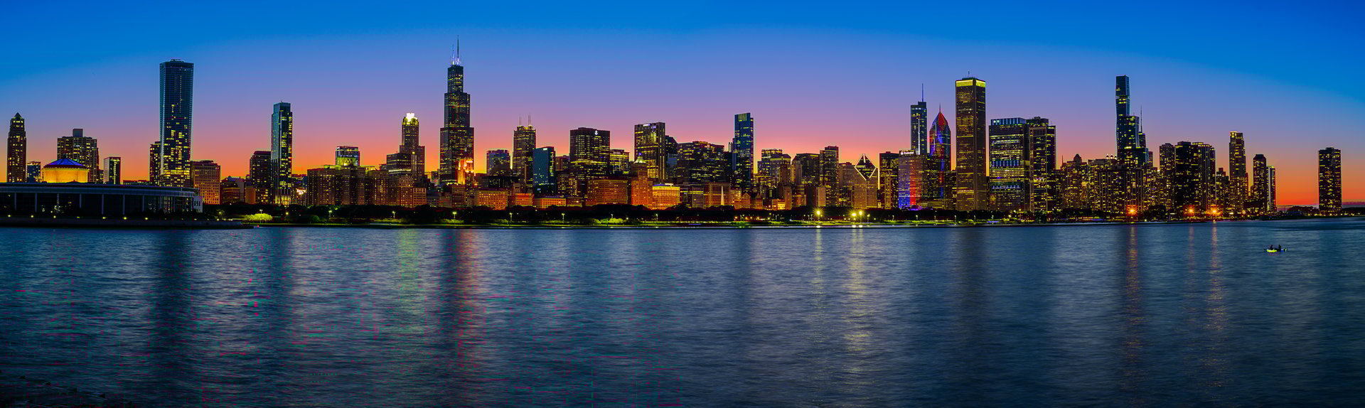 Panorama of sunset behind Chicago CItyscape.
