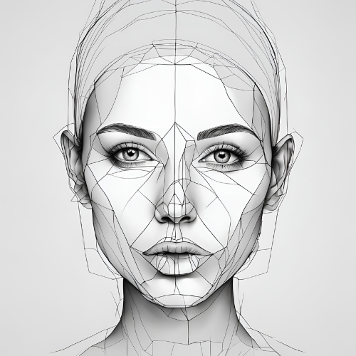 Geometric line drawing of a woman's face, featuring angular lines and sharp contours on a white background.
