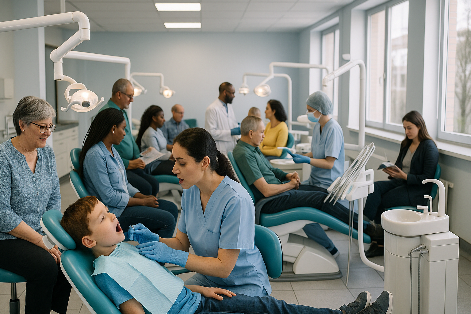Dental clinic scene with patients in chairs, dentists in scrubs, and people waiting. Bright, modern setting.