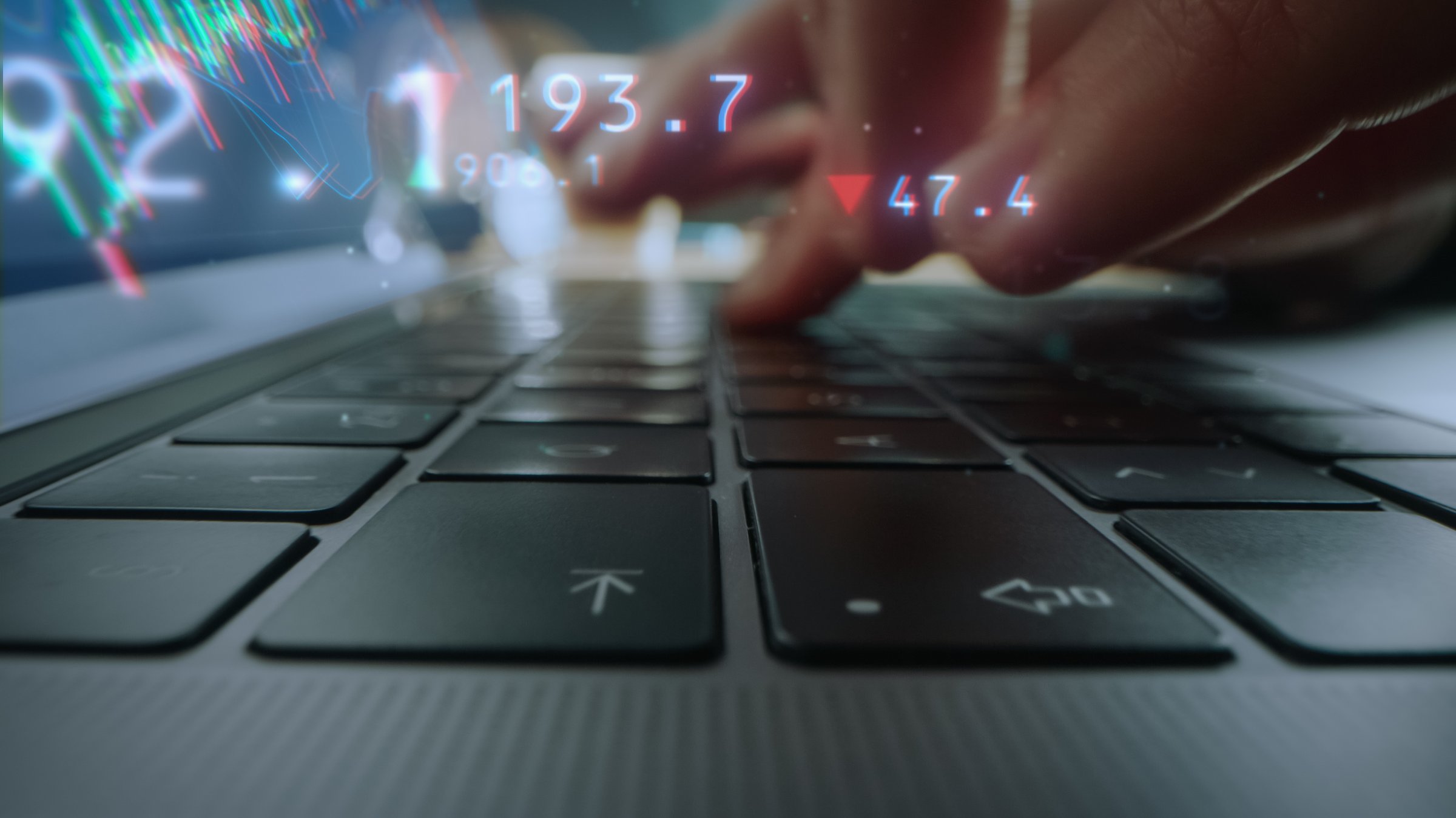 Software Developer Typing Source Code on a Computer Keyboard. Graphic Illustrating Programming Job and Online Service Creation with Bits of Digital Language Appearing on Screen