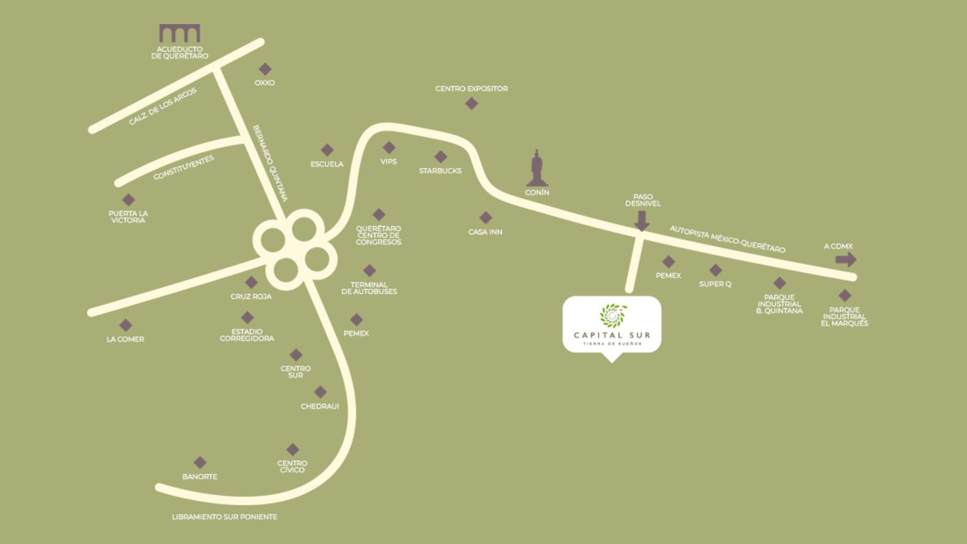 Map of Capital Sur area in Querétaro, showing major roads, landmarks, and amenities like Starbucks and a shopping center.