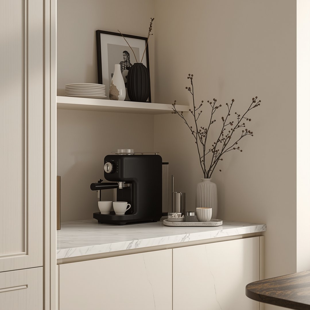 Minimalistisk kaffestasjon design i lyse farger