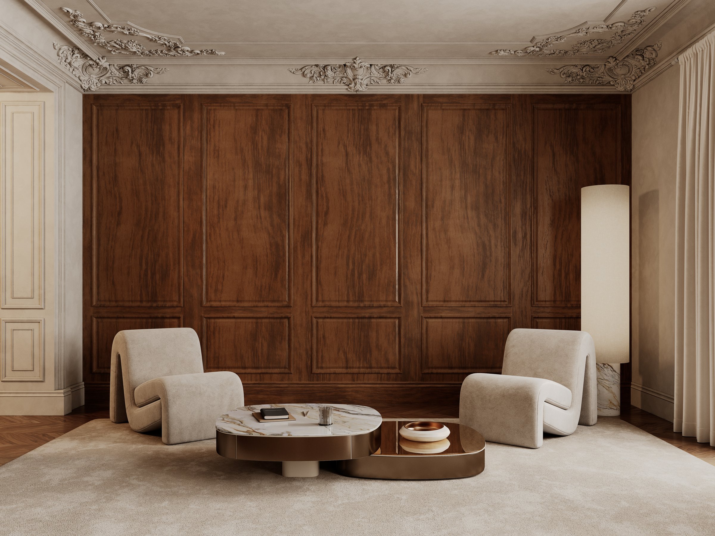 Classic interior with wood panels, armchairs, coffee tables, carpet, floor lamp and decor. 3d render illustration mockup.