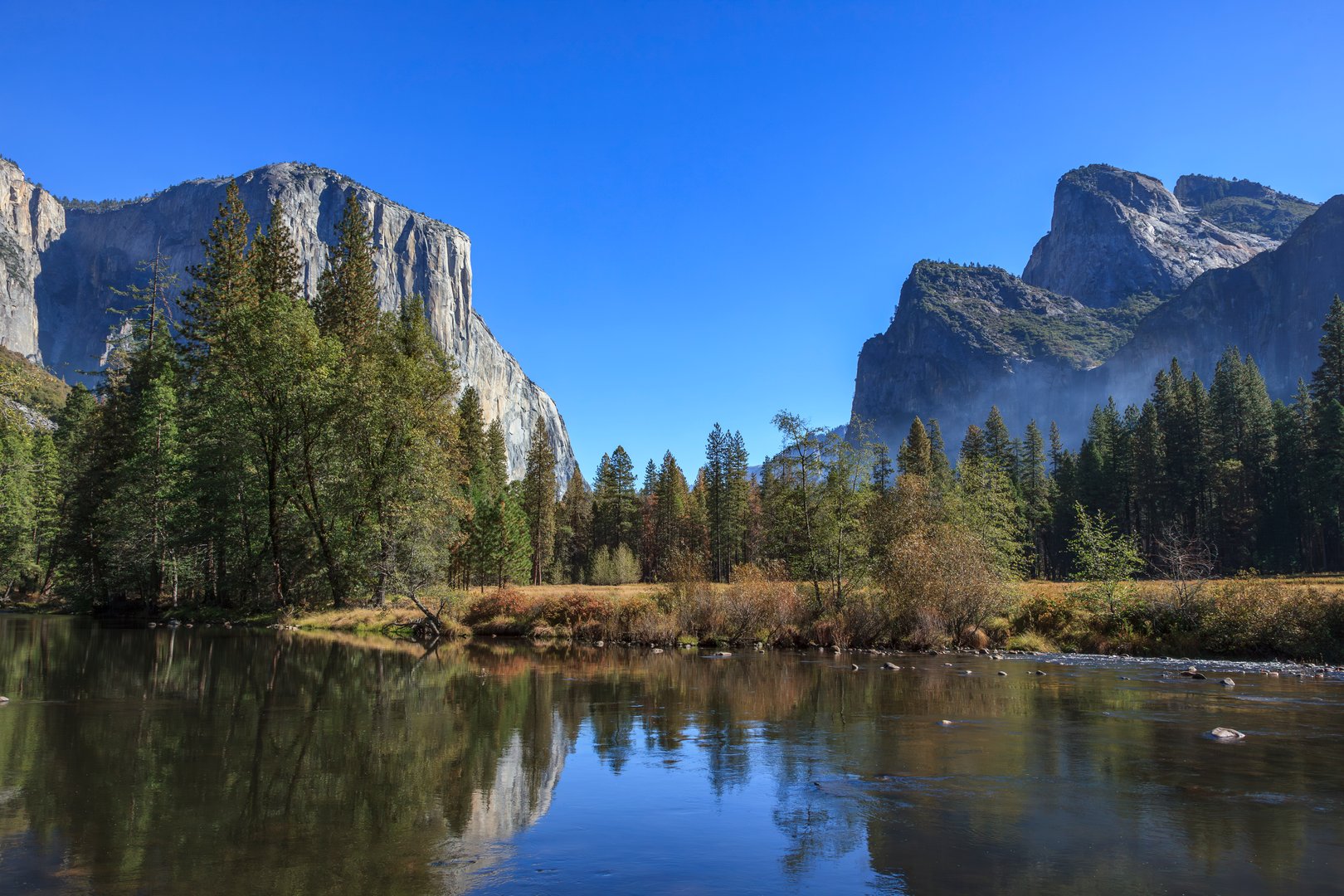 View of El Capitan and the Merced River from Valley View in Yosemite National Park, California