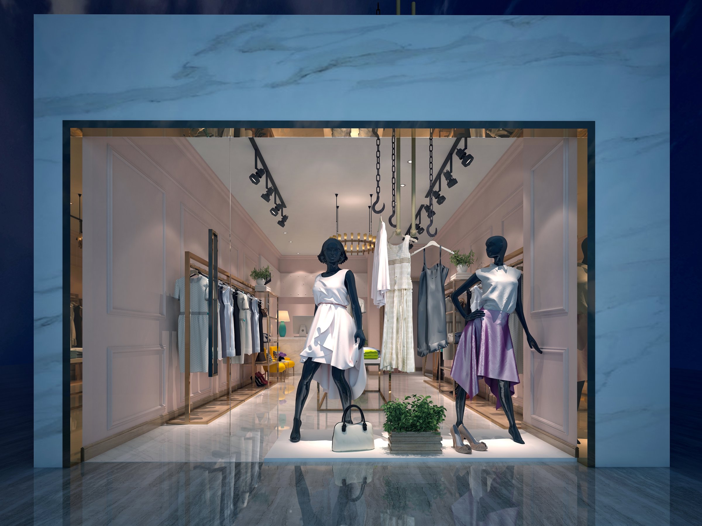 3d render of fashion shop, shoes and bags