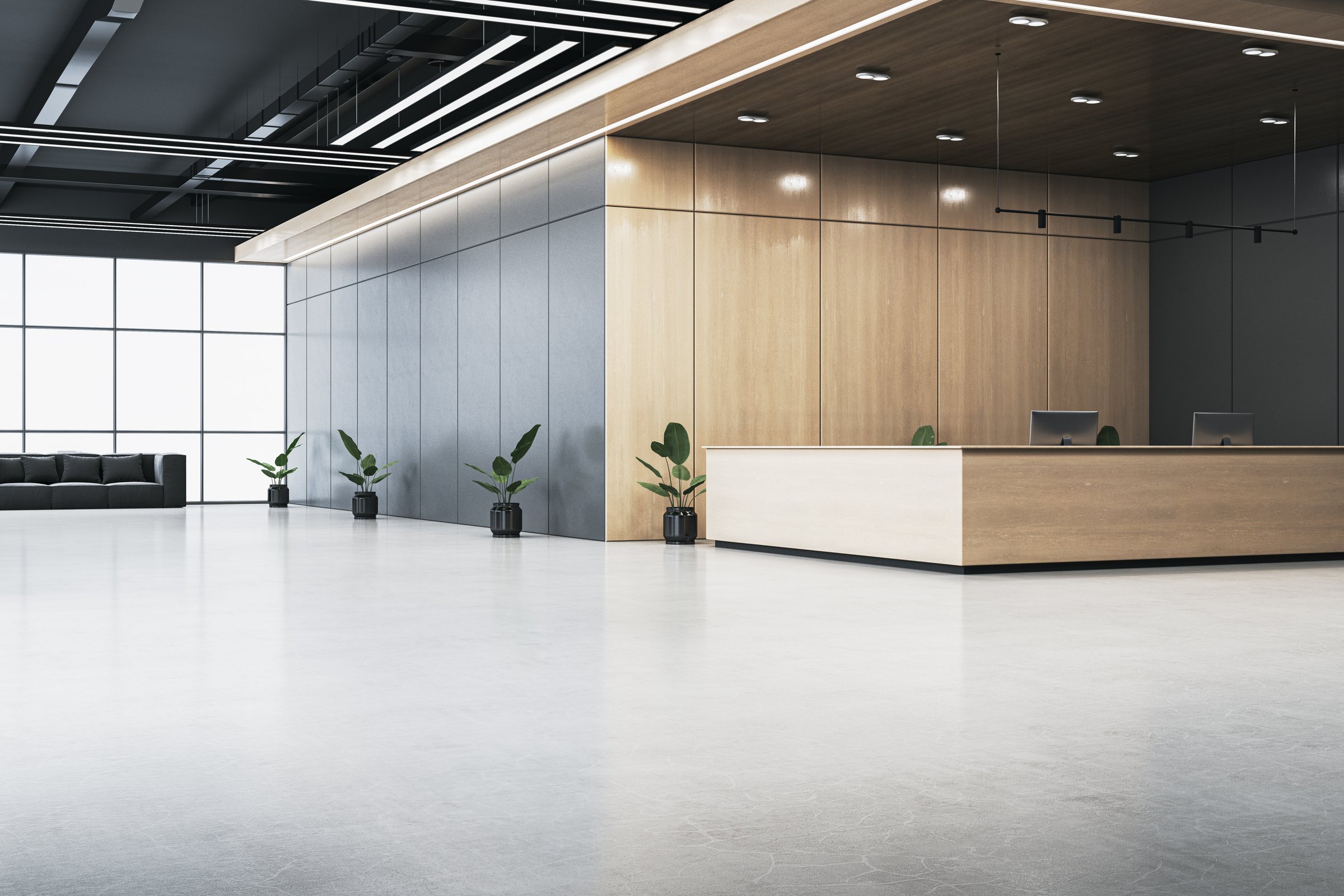 Minimalist office reception with wooden desk, light floors, potted plants, and modern design. Glass window backdrop, corporate concept. 3D Rendering.