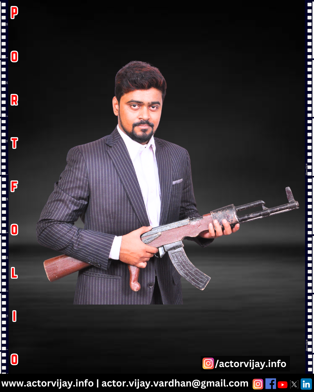 Man in a striped suit holding a model gun, posing against a dark background with "PORTFOLIO" text and contact info visible.