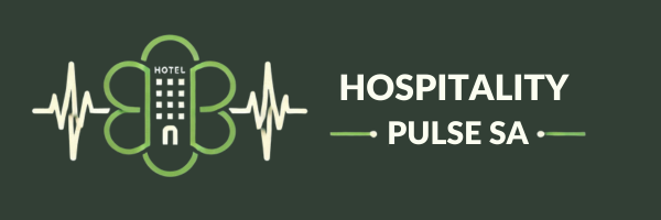 Logo with a hotel icon and heartbeat line, featuring text Hospitality Pulse SA on a dark green background.