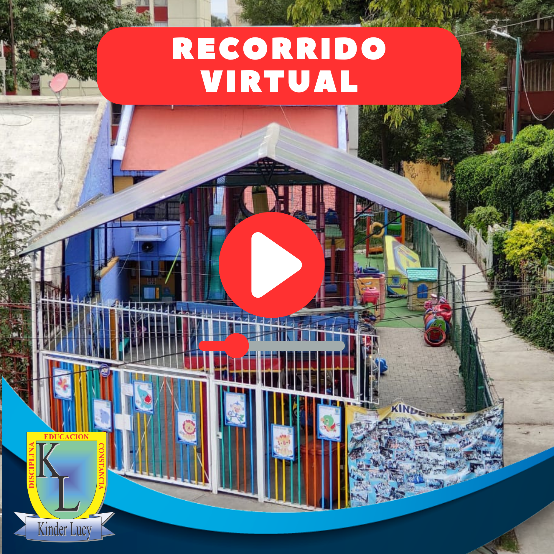 Colorful outdoor play area of a kindergarten with a virtual tour play button overlay and schools logo at the bottom corner.