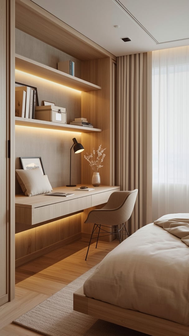 Smalt skrivebord ved vindu på soverommet