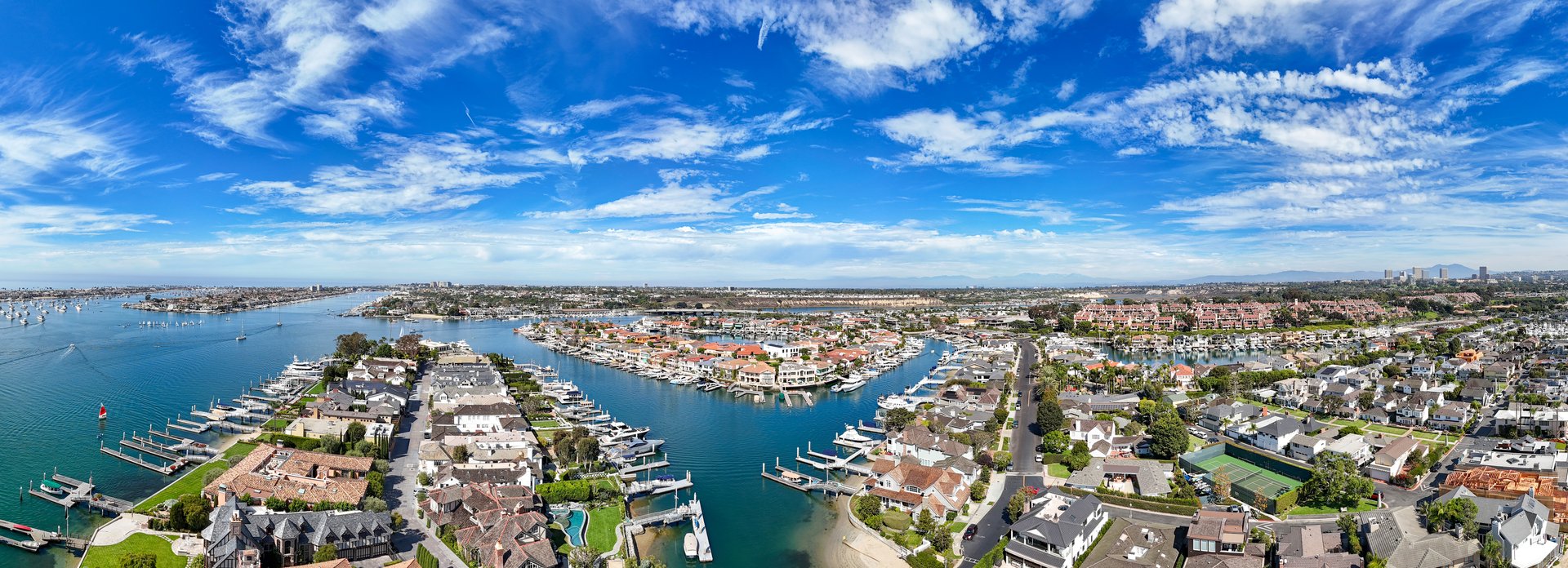 Panoramic view of waterfront homes in Newport beach in Orange County, Southern California