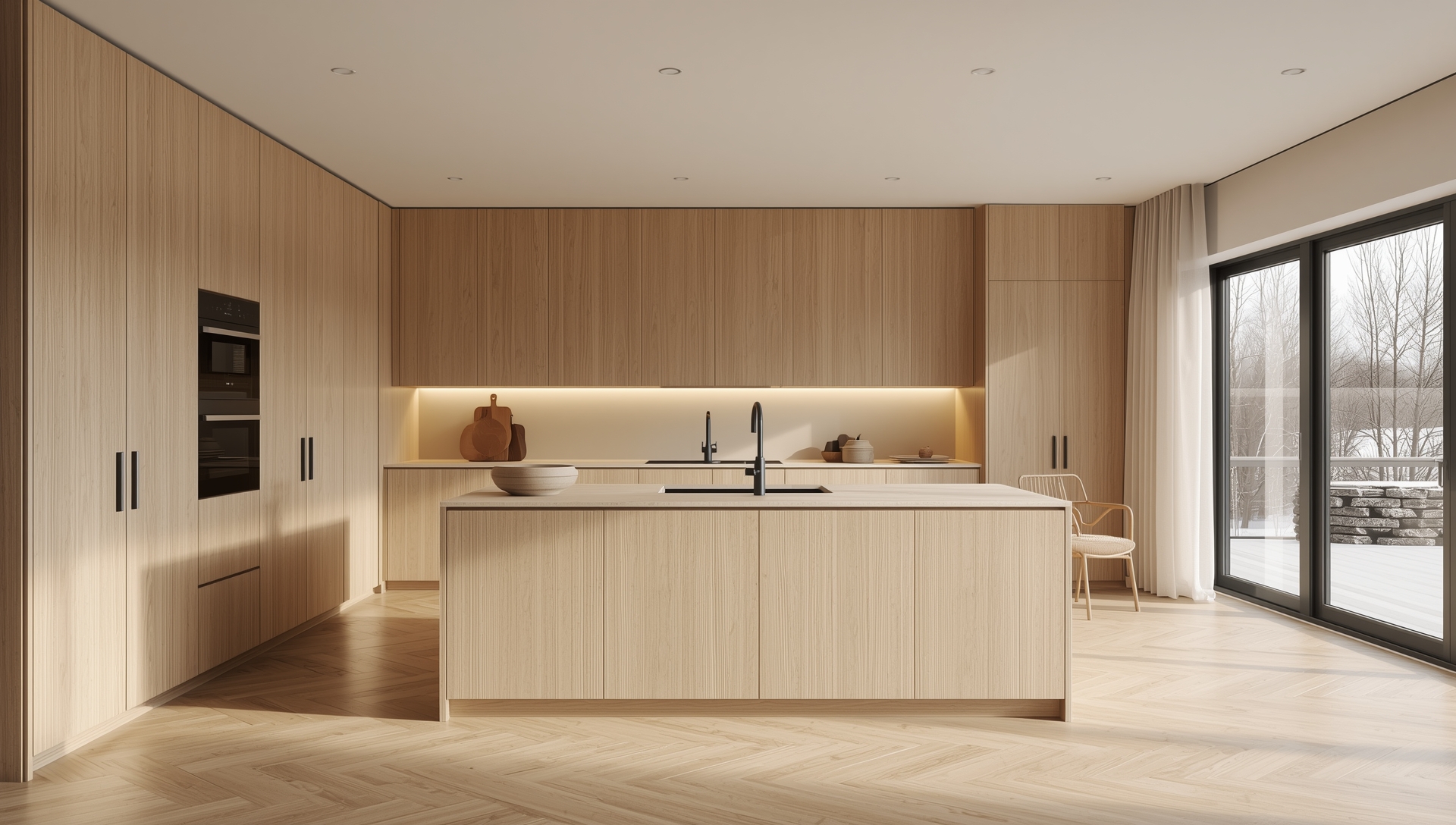 Klassisk nordisk kjøkken med profilerte skapfronter og naturstein