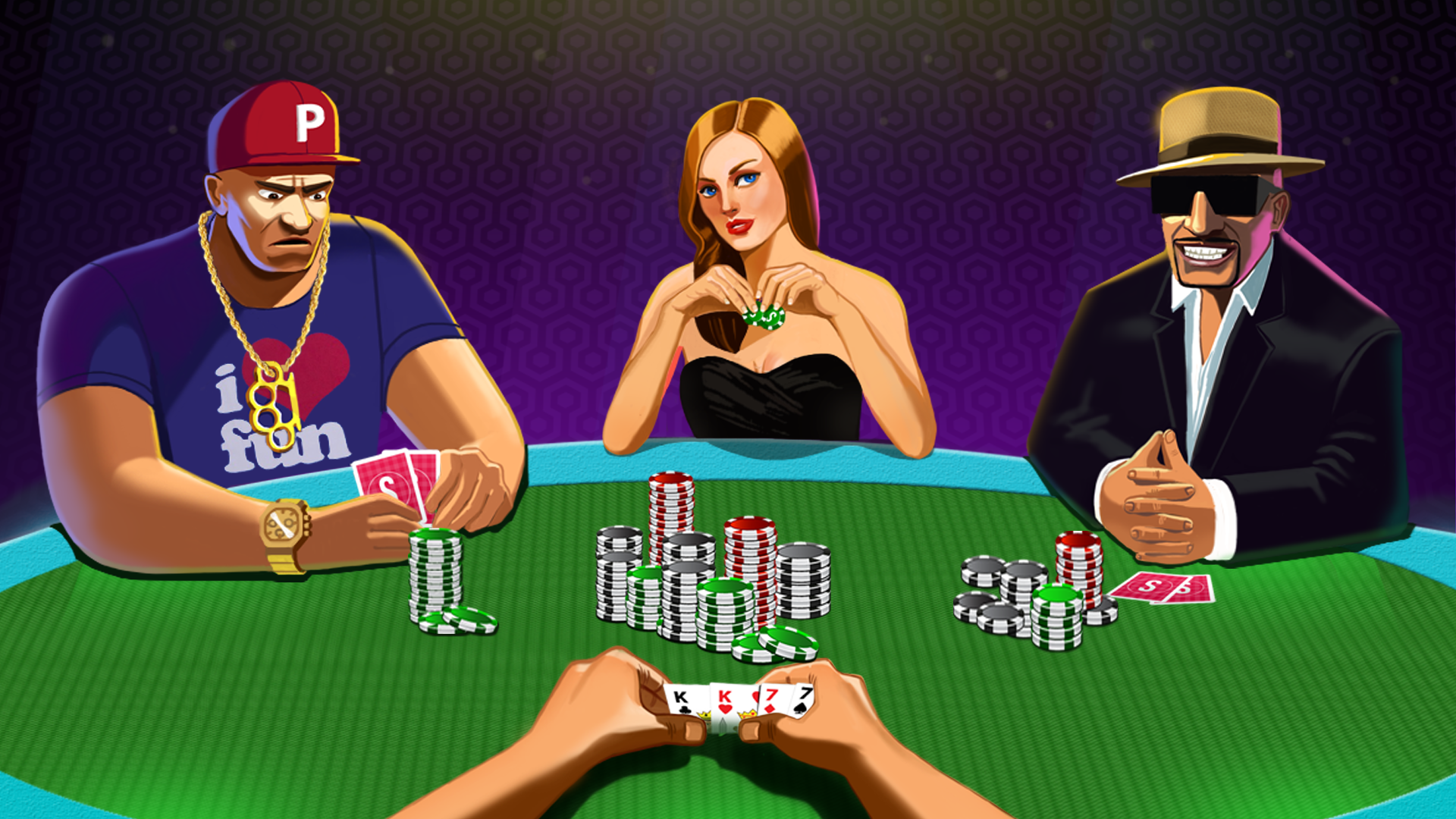 Three people playing poker at a table with chips. A person holds a pair of kings and a seven. One player wears a hat.