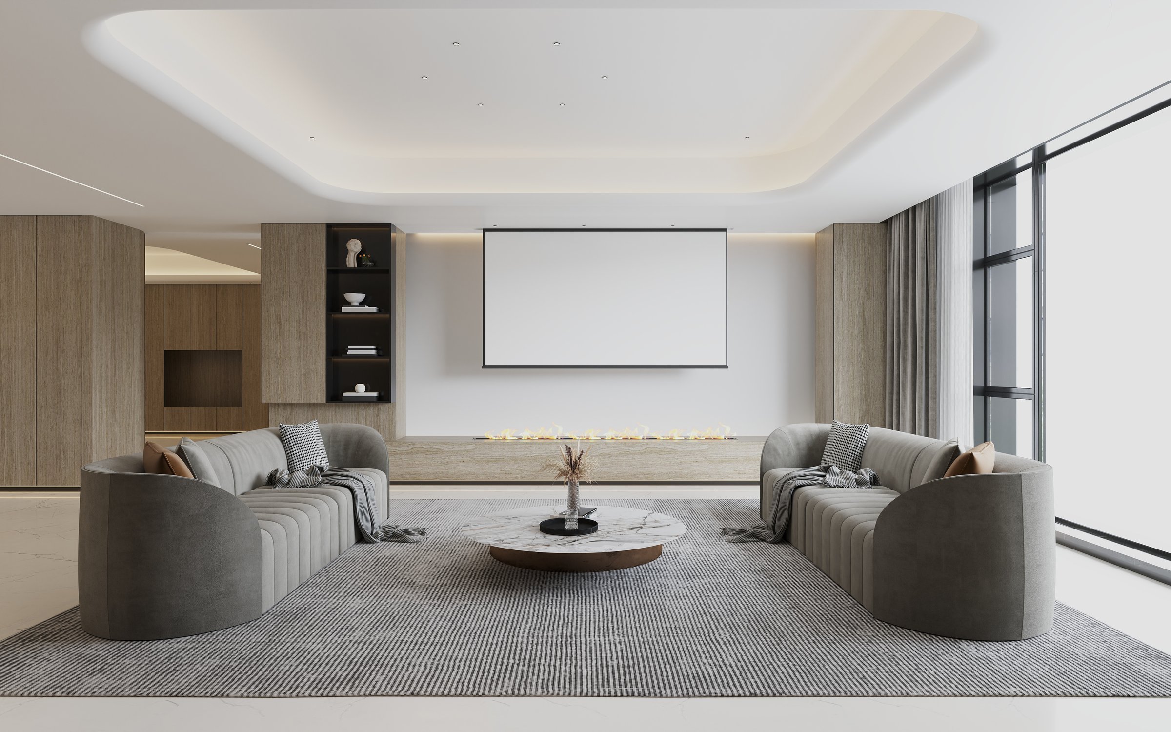 Modern Minimalist Living Room with Cozy Seating and Home Theater Setup