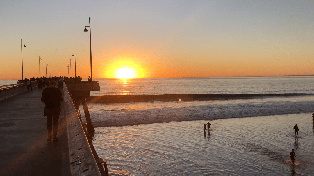Venice Pier at sunset overlooking the Pacific Ocean in Venice Los Angeles