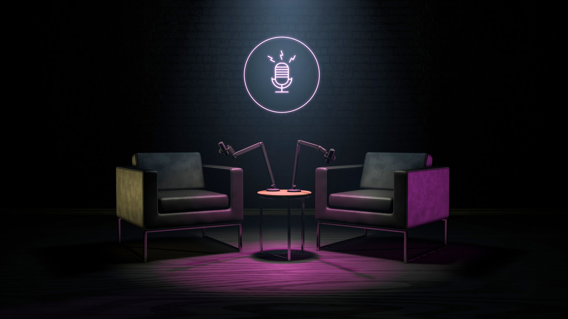 Podcast studio setup. Dark studio with a podcast logo in the center of composition, two chairs, desk, microphones and a brick wall. 3d rendering.