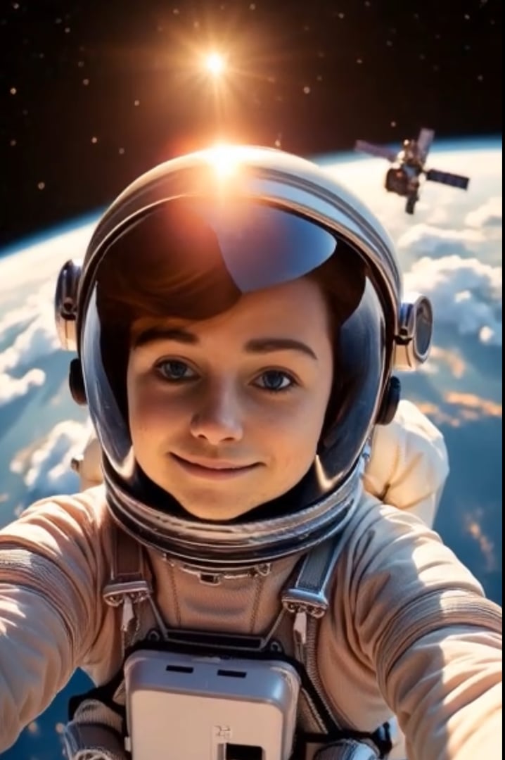 An astronaut taking a selfie in space, Earth visible in the background with a satellite above in the sky.