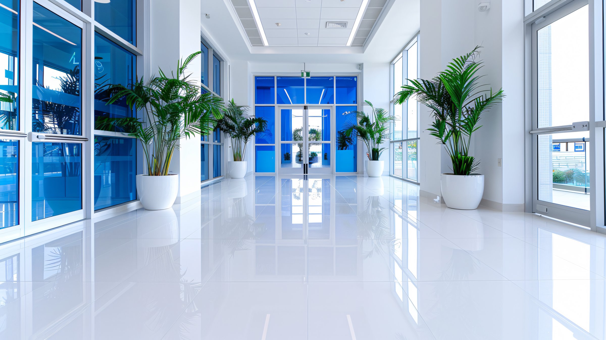 Clean and bright modern office interior featuring a spacious hallway, glass partitions, lush green plants, and contemporary design elements. Ideal for showcasing corporate environments, professional workspaces, and modern business architecture.