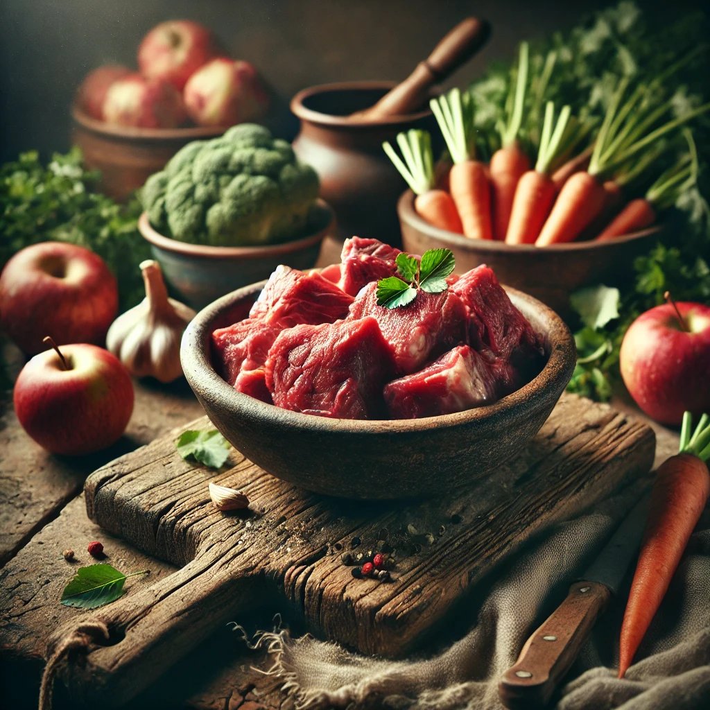 Raw beef chunks in a bowl on a rustic table with apples, carrots, garlic, broccoli, and herbs.