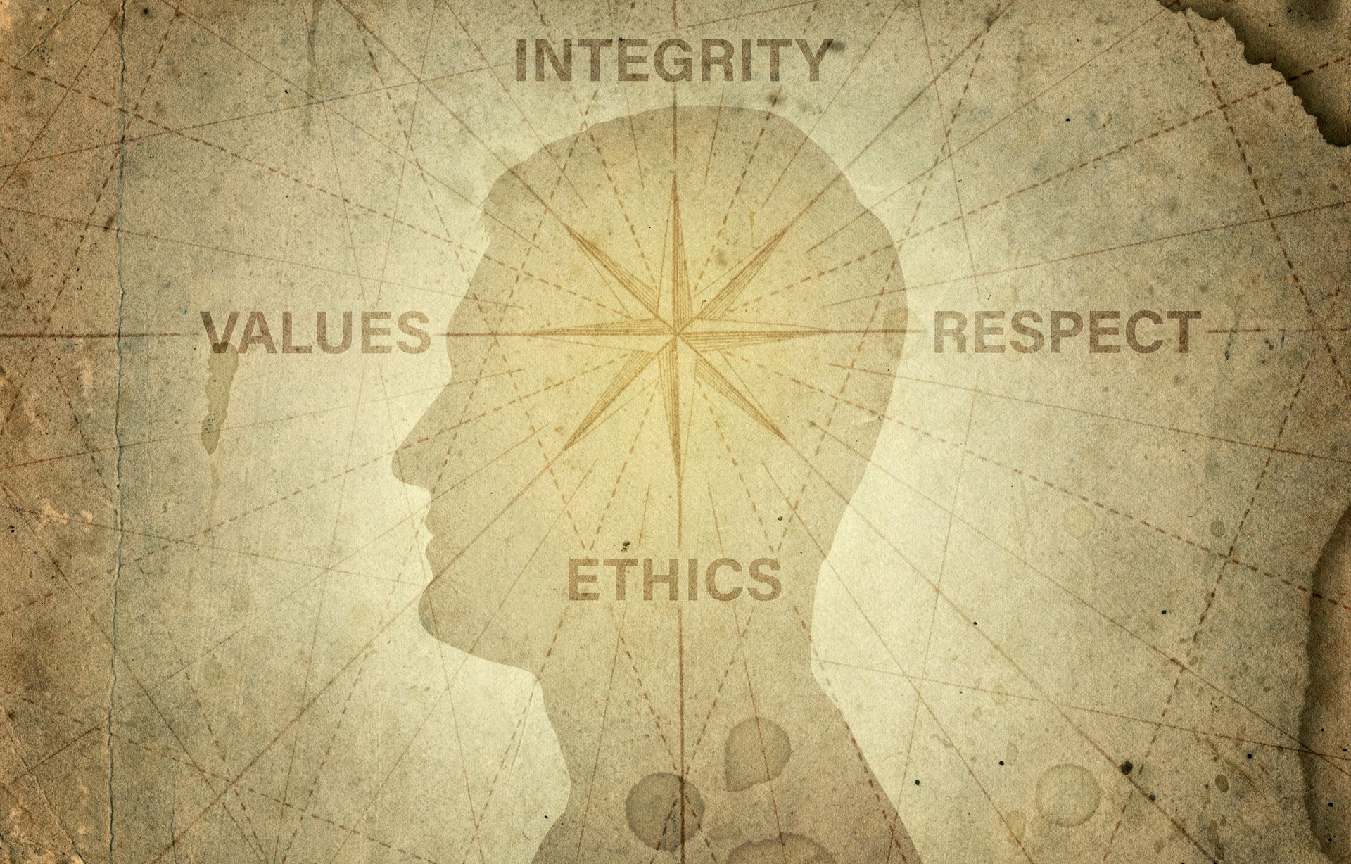 Human head and compass points to the ethics, integrity, values, respect. The concept on the topic of business, trust, psychology etc.