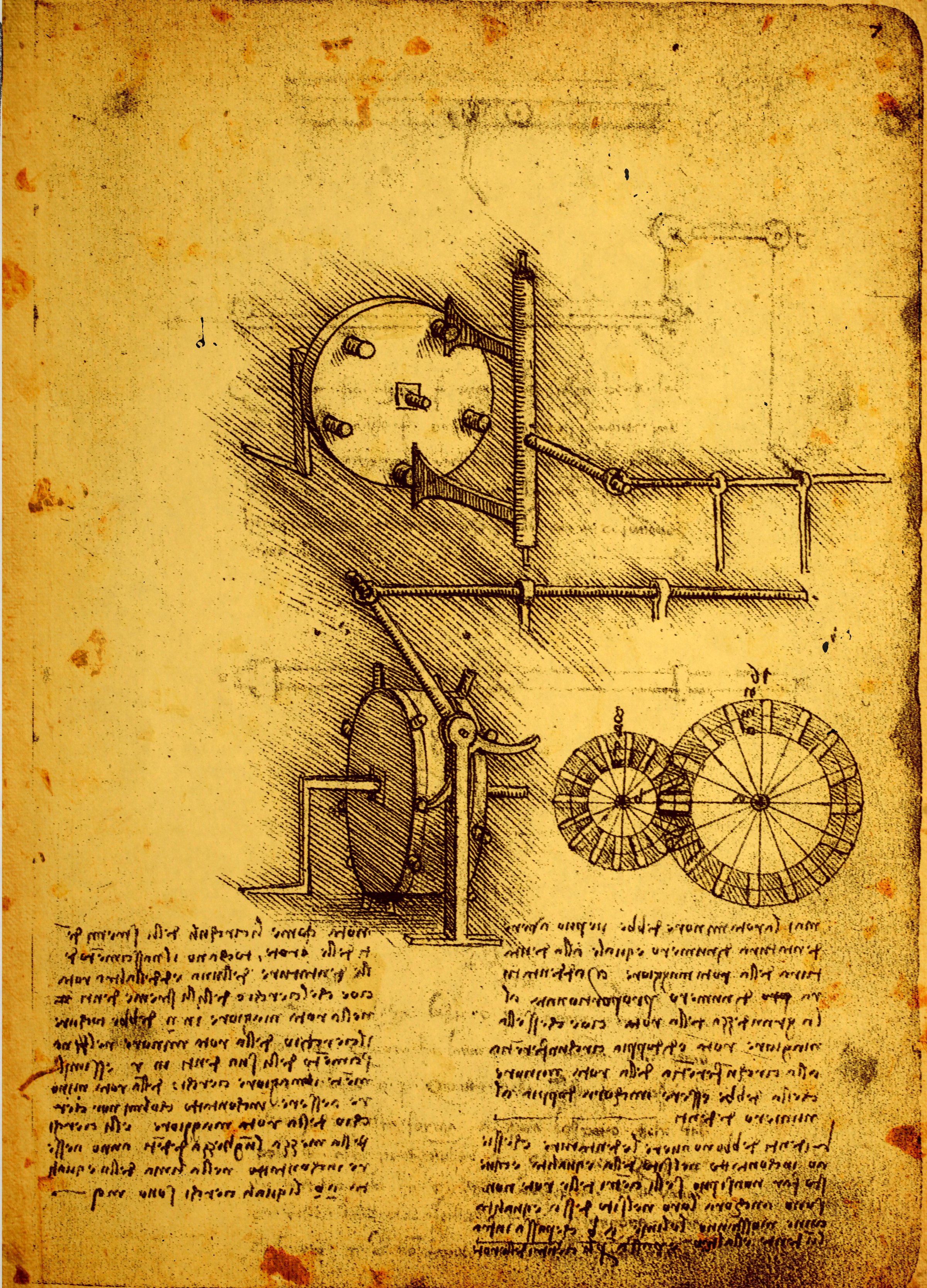 Leonardo's Da Vinci engineering drawing from 1503 on textured background.