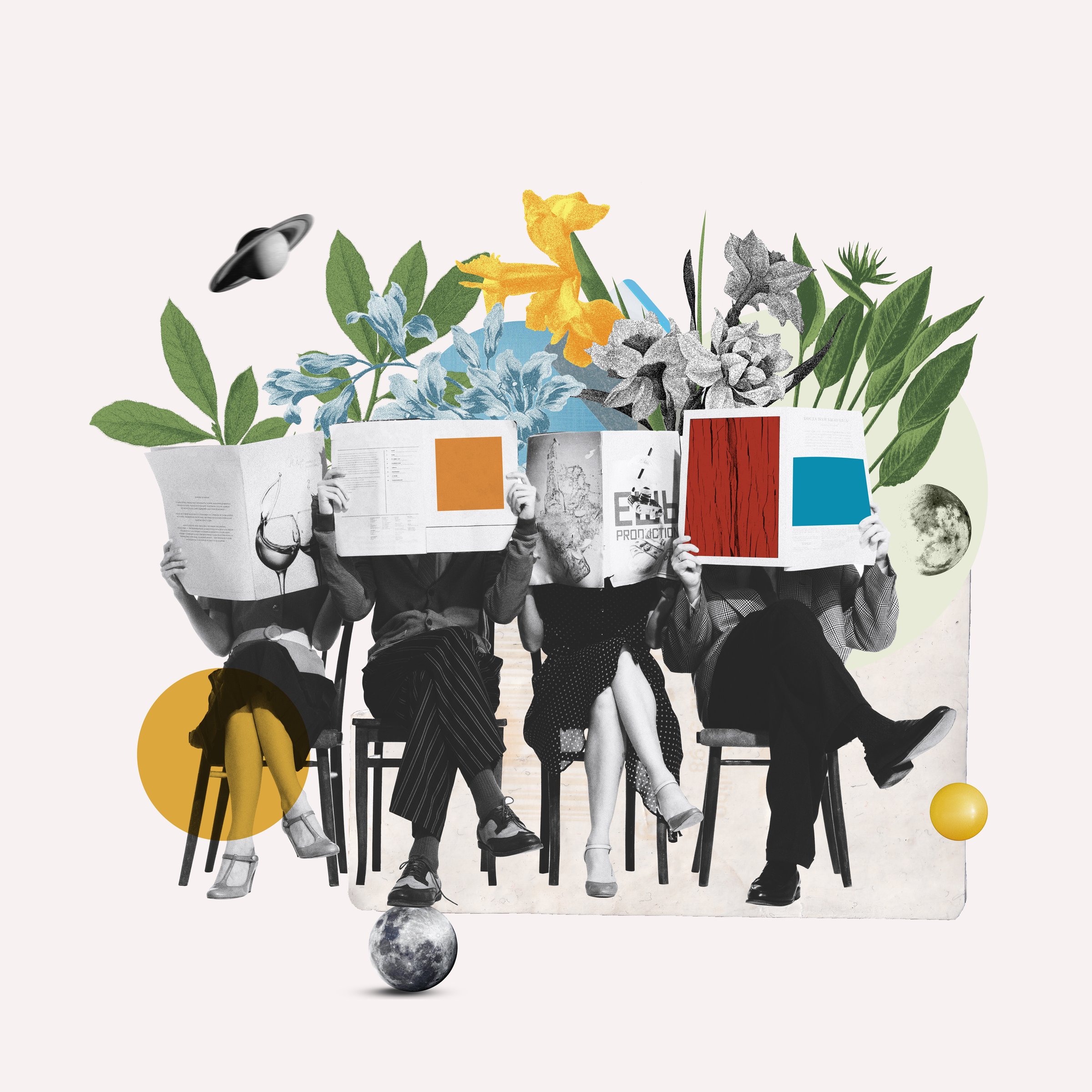 People sitting on chair with head covered with journals and newspapers, reading over floral background. Contemporary art collage. Surrealism, creativity, retro style, imagination, inspiration concept