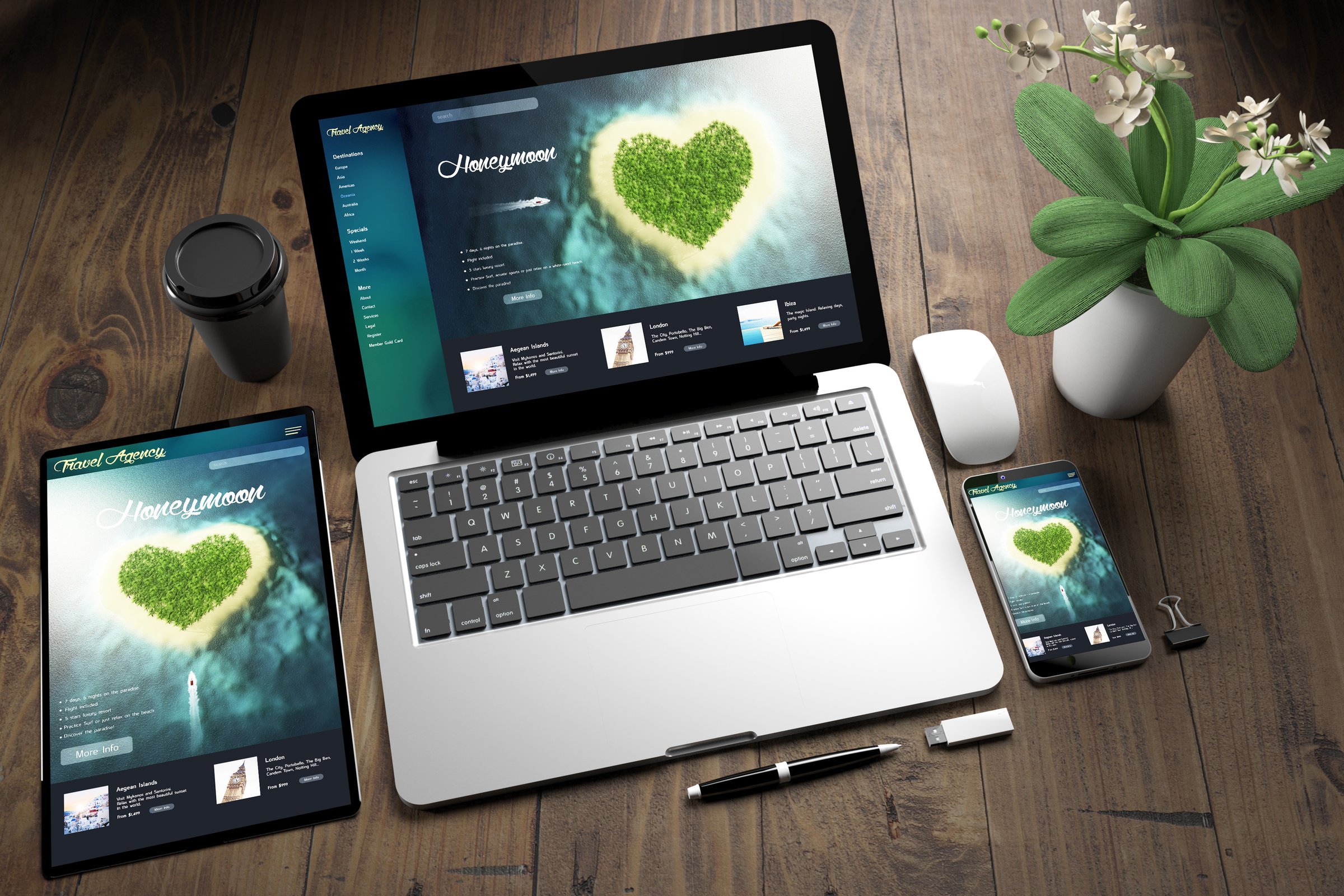 tablet, laptop and mobile phone top view honeymoon website 3d rendering over wooden desktop
