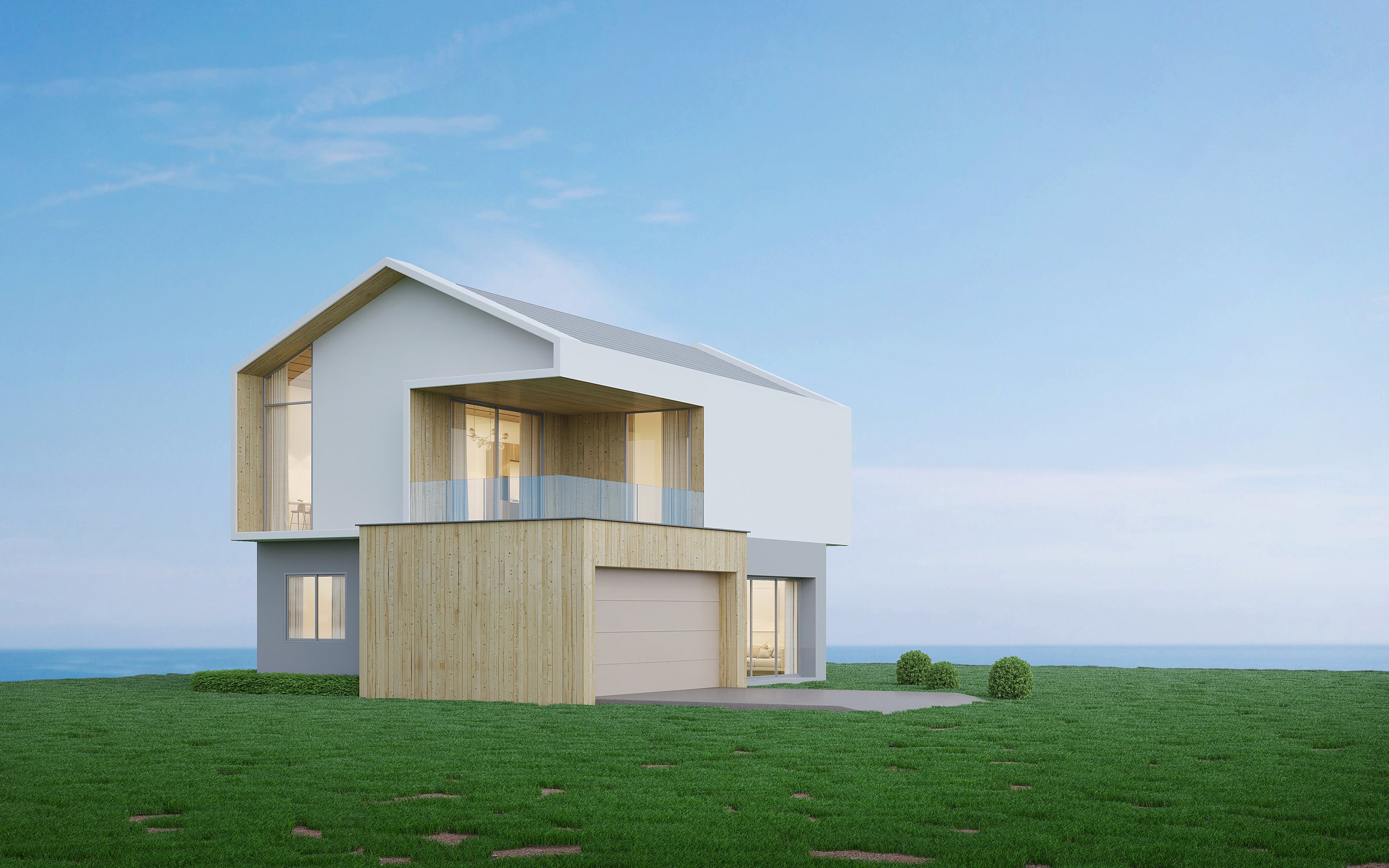 Nordic house exterior on the grass and blue sky