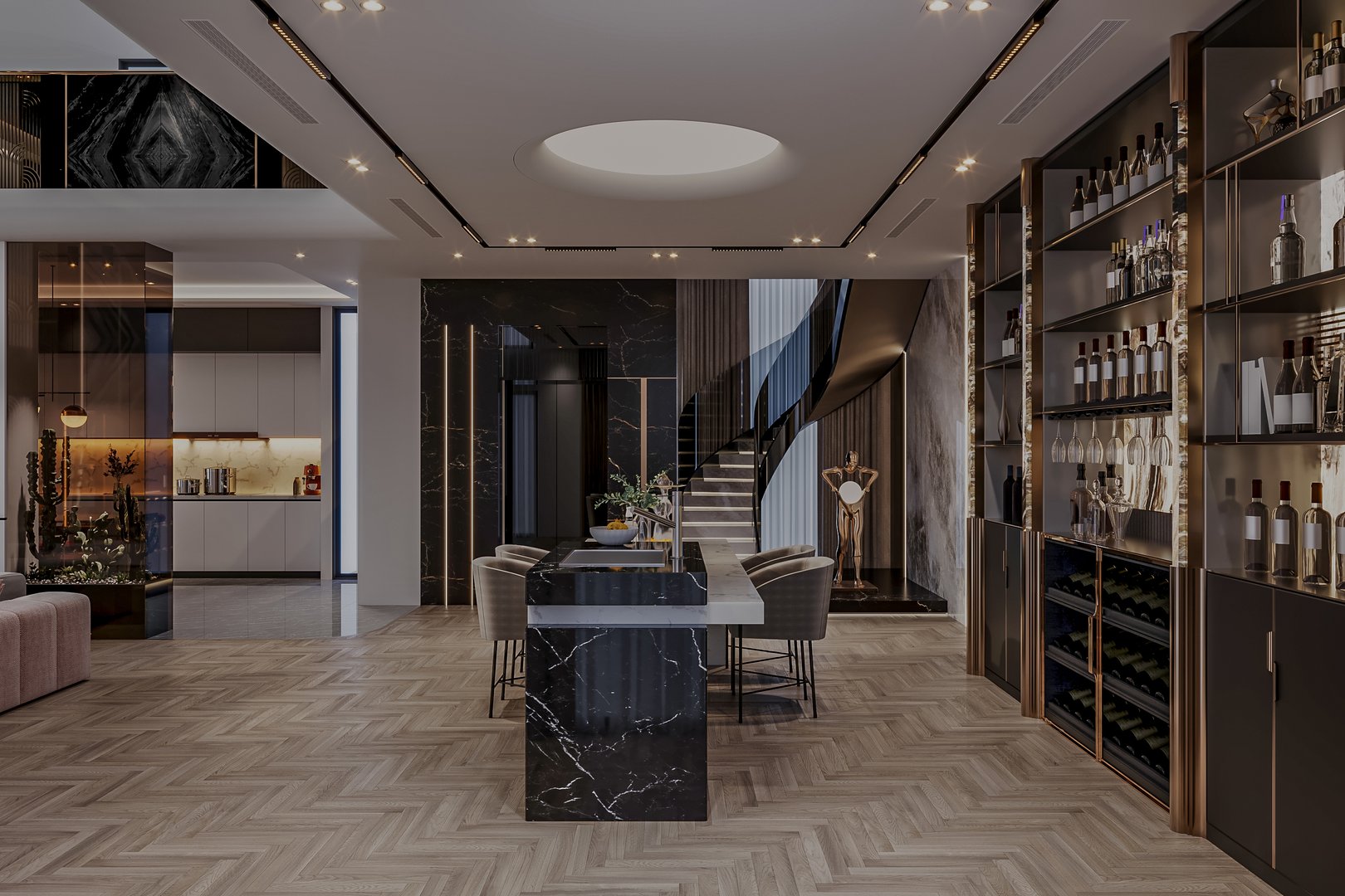 Elegant modern kitchen and dining area in a luxurious home interior with sophisticated furnishings and ambient lighting.