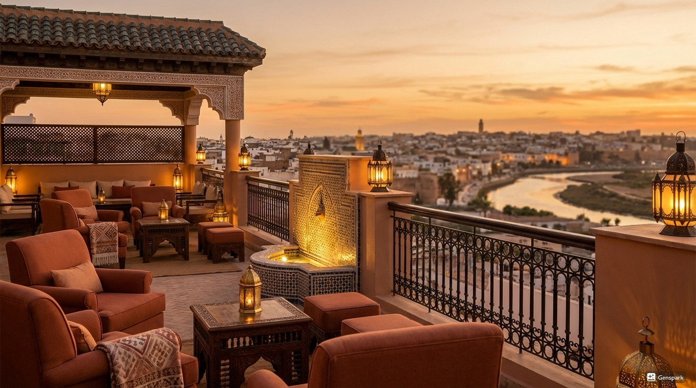 An elegant boutique hotel terrace in Rabat showcasing luxury