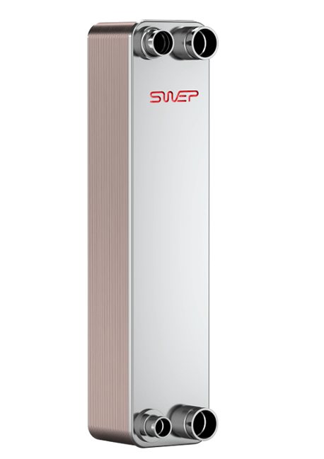 A vertical SWEP heat exchanger with four pipe connections and a sleek metal finish.