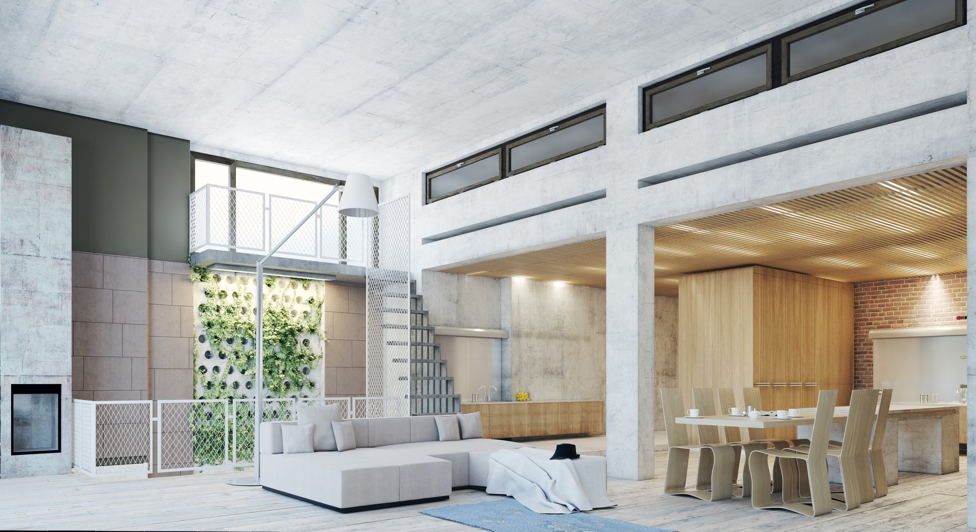 Modern loft with open spaces and industrial design.. 3d rendering