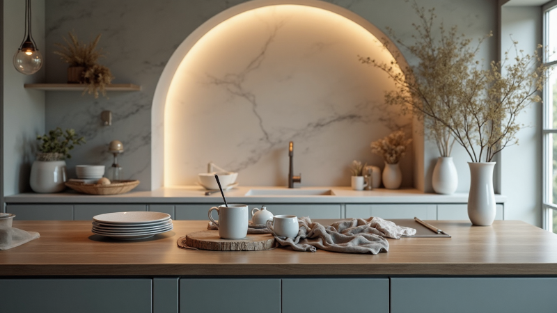 Modern kitchen interior design, kitchen island with wooden countertop, wooden stools, and pendant light. 3d rendering of interior design.