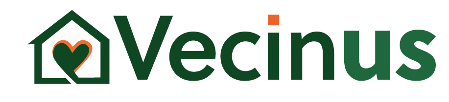 Logo of Vecinus featuring a stylized house outline with a heart inside, and the text Vecinus in green and orange.