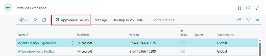 In Business Central search for Extension Management, then select AppSource Gallery from the ribbon
