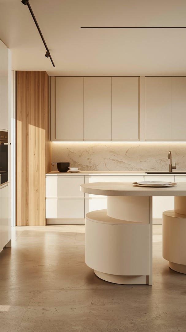 Modern Scandinavian kitchen island with marble countertop