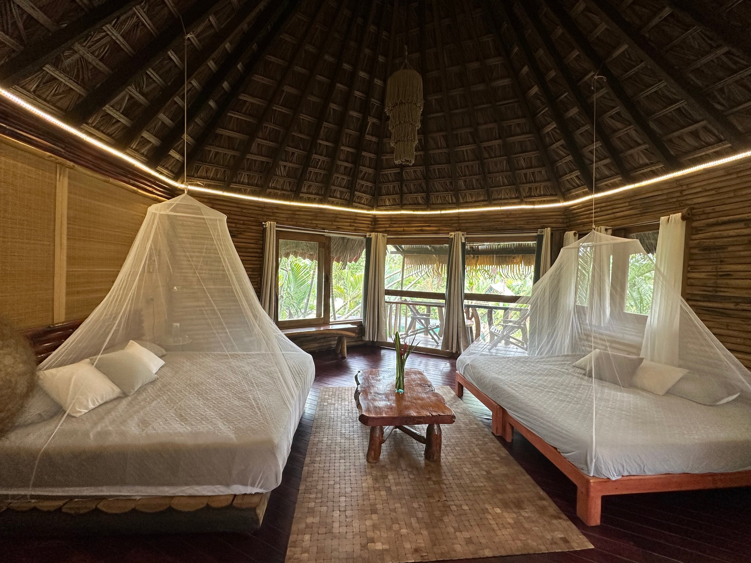 Two beds with mosquito nets in a rustic, wooden cabin with large windows and a thatched roof, overlooking greenery.