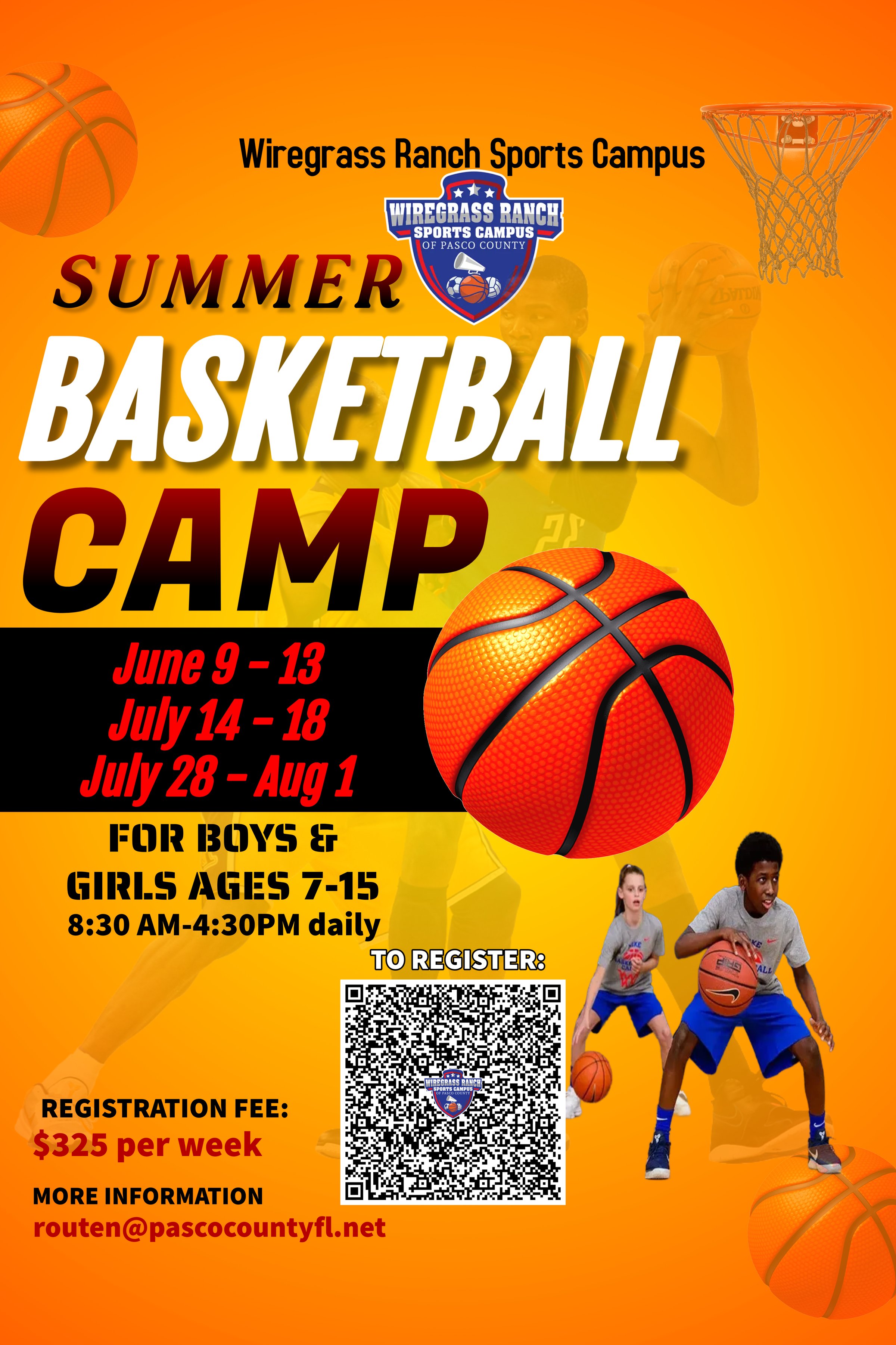 Summer Basketball Camp flyer for boys and girls ages 7-15, featuring dates, registration info, and basketball imagery.