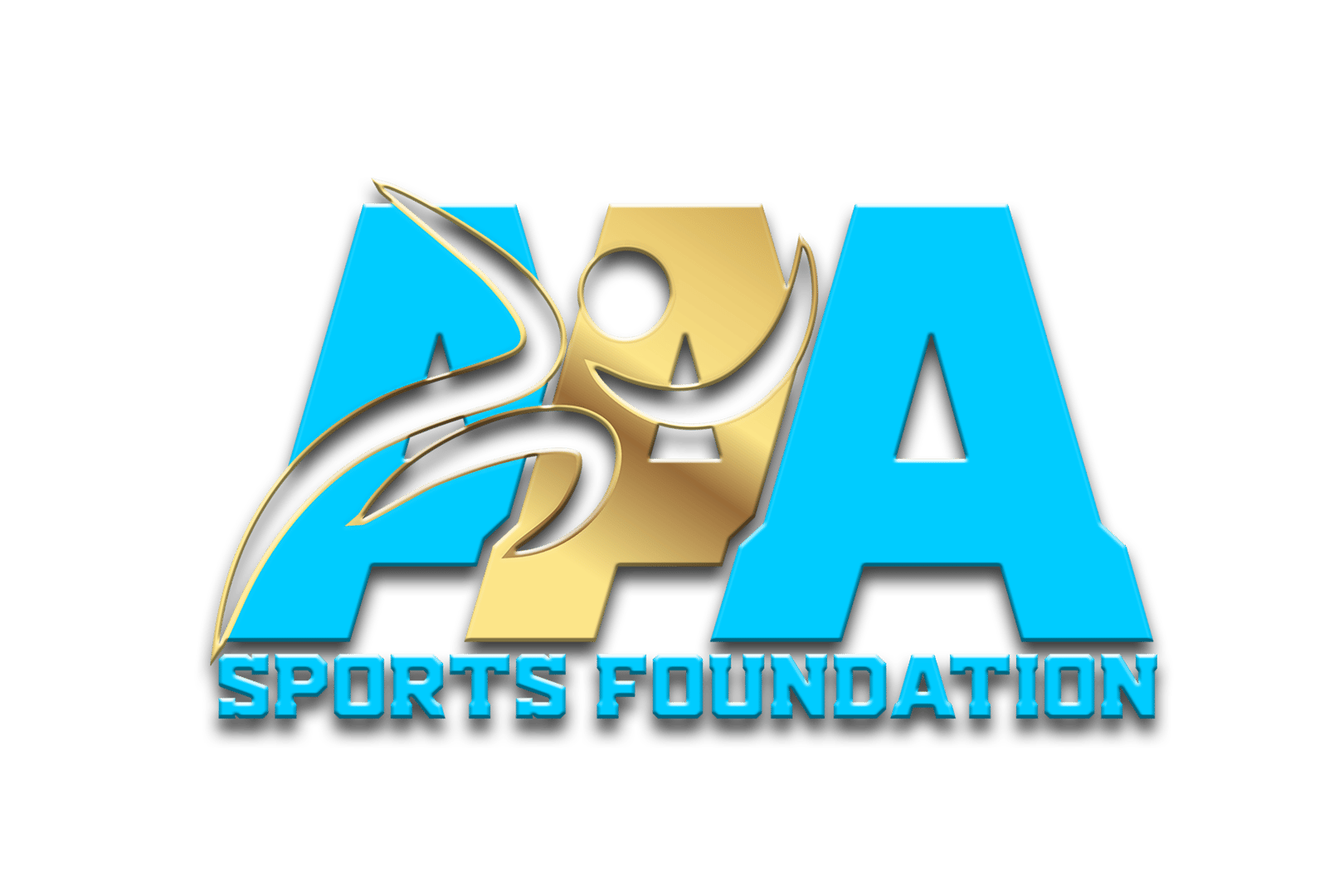 Logo of AAA Sports Foundation with stylized letters and a dynamic figure in gold and blue.